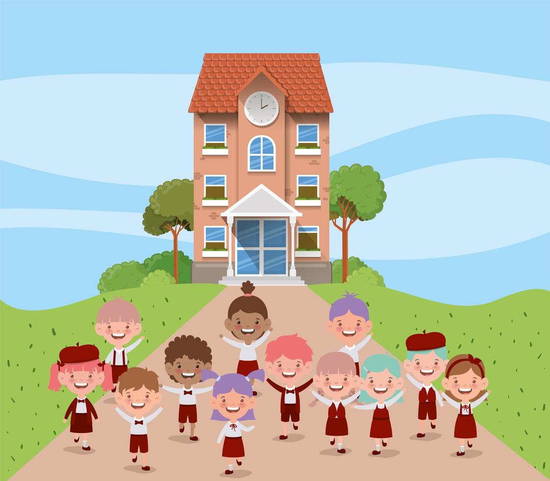 school building with interracial kids vector
