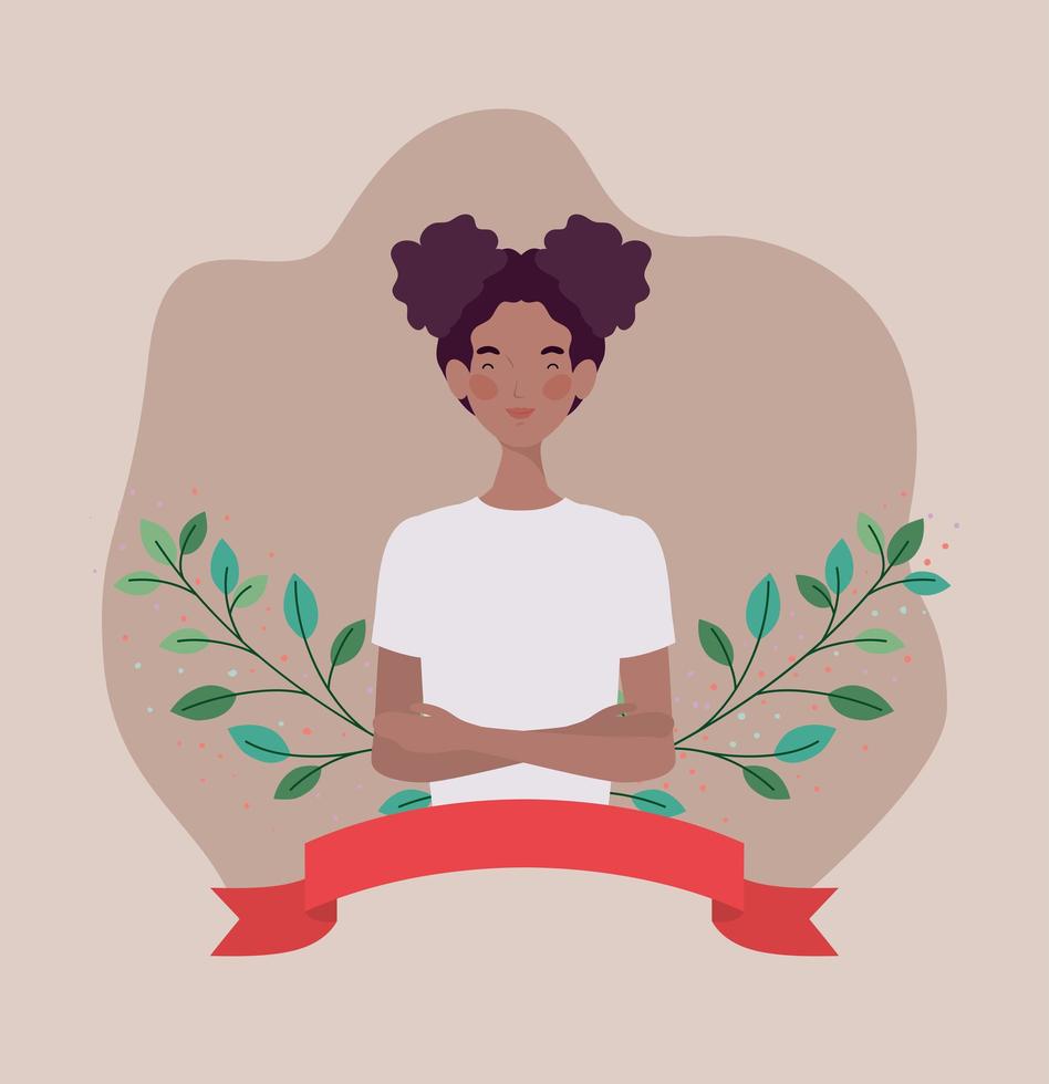 young afro woman with frame ribbon and leafs vector