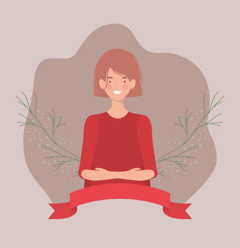 young woman with frame ribbon and leafs vector