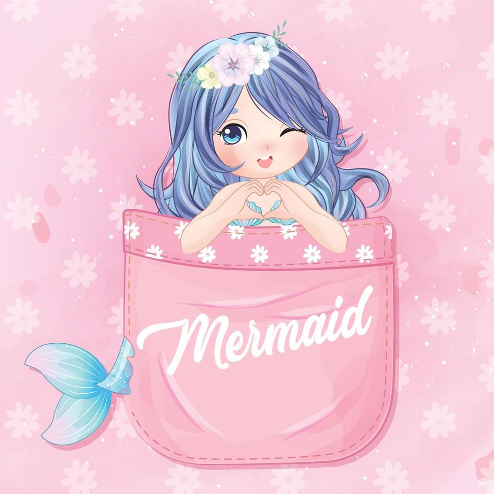 Cute mermaid with watercolor illustration vector
