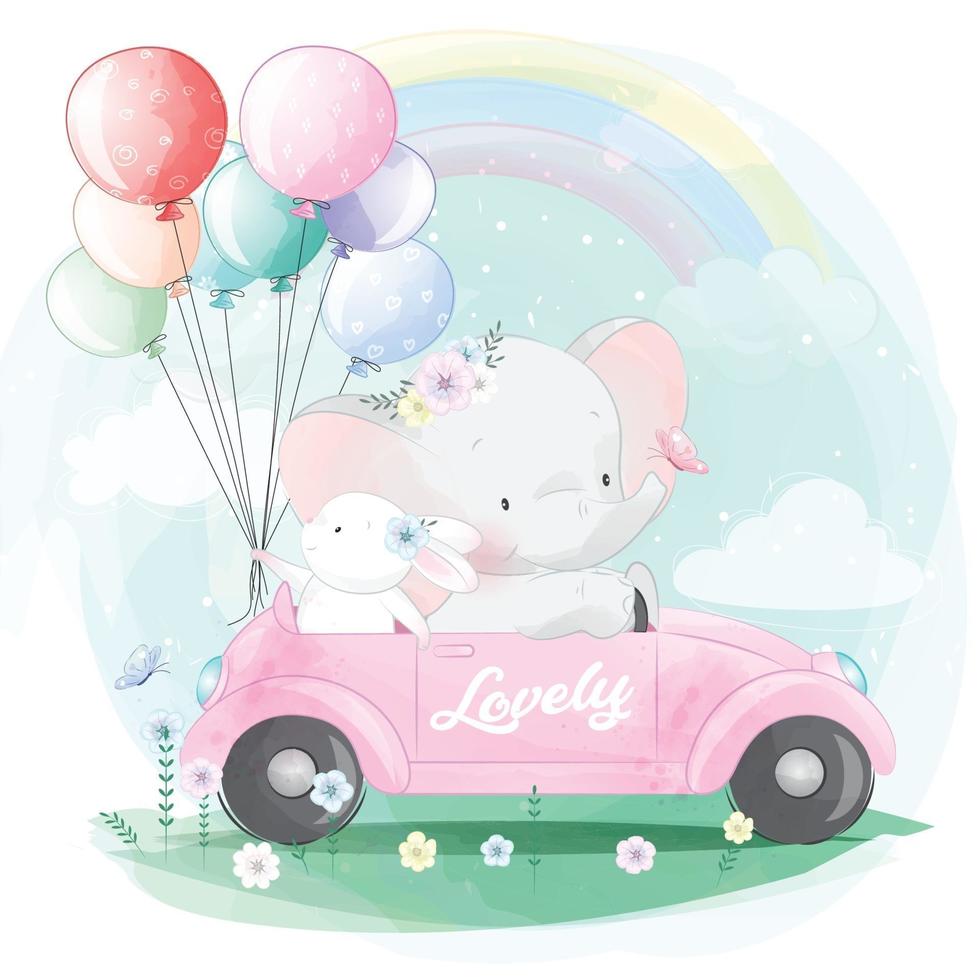 Cute elephant driving a car with bunny illustration vector