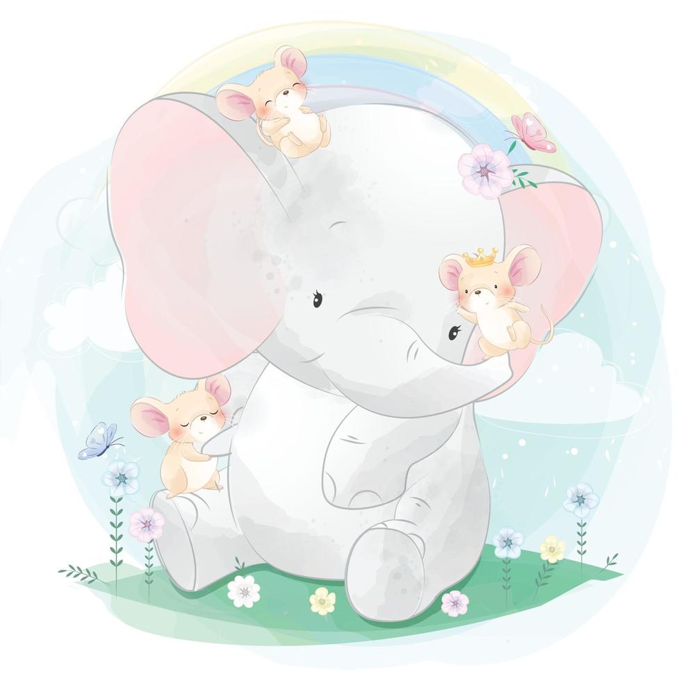 Cute elephant playing with mouse illustration vector