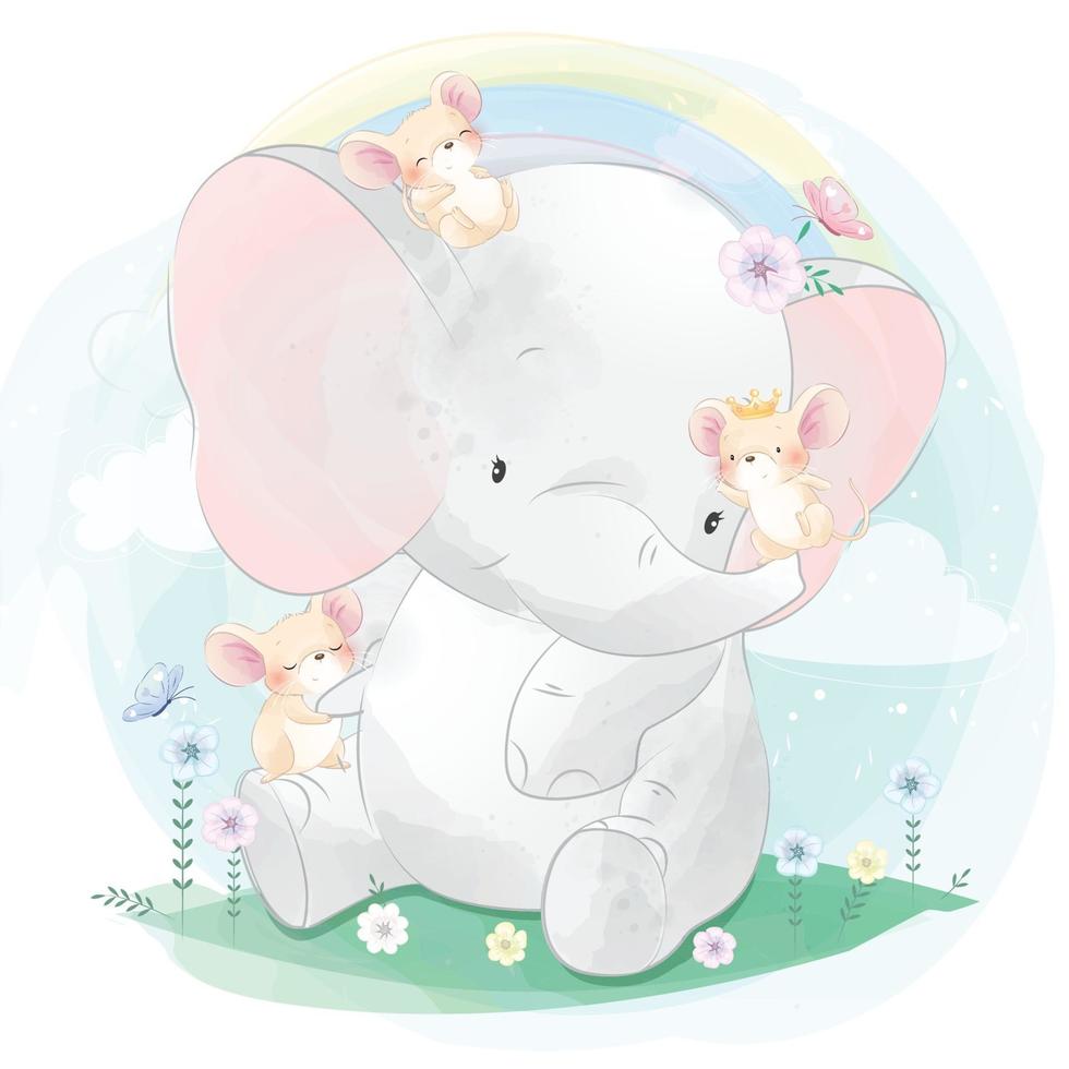 lindo elefante jugando con la ilustración del ratón vector