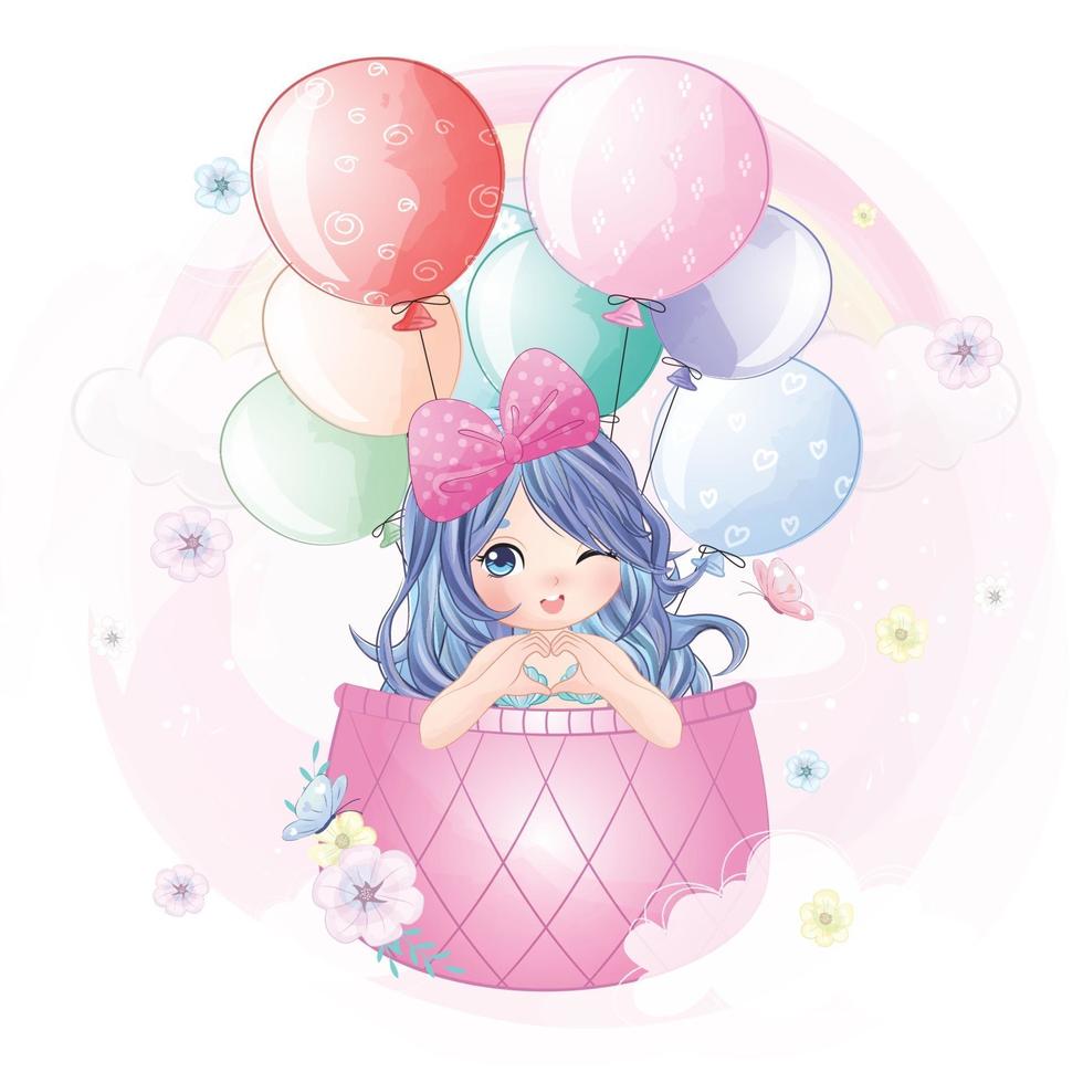 Cute mermaid flying in hot air balloon illustration vector