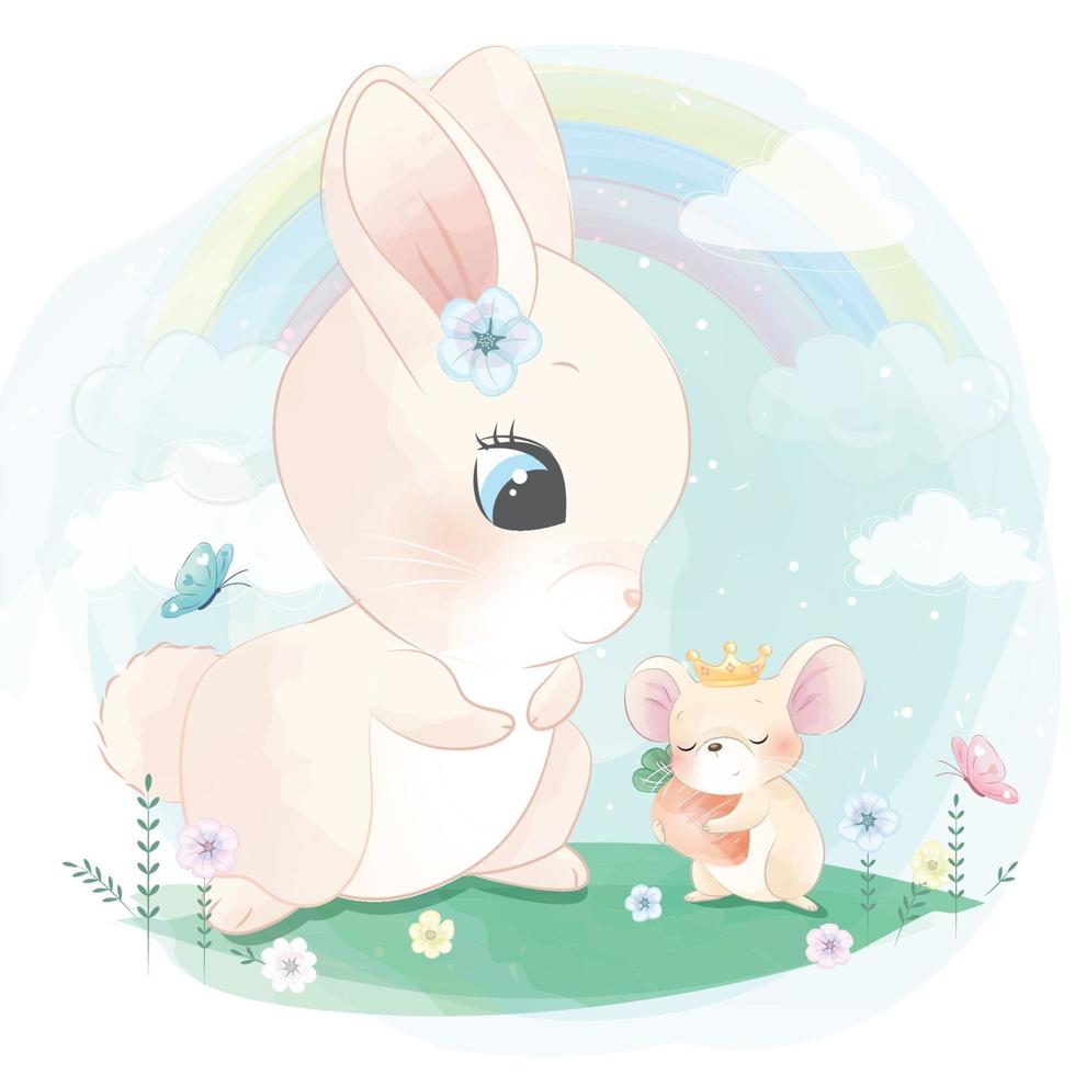Cute bunny playing with mouse illustration vector