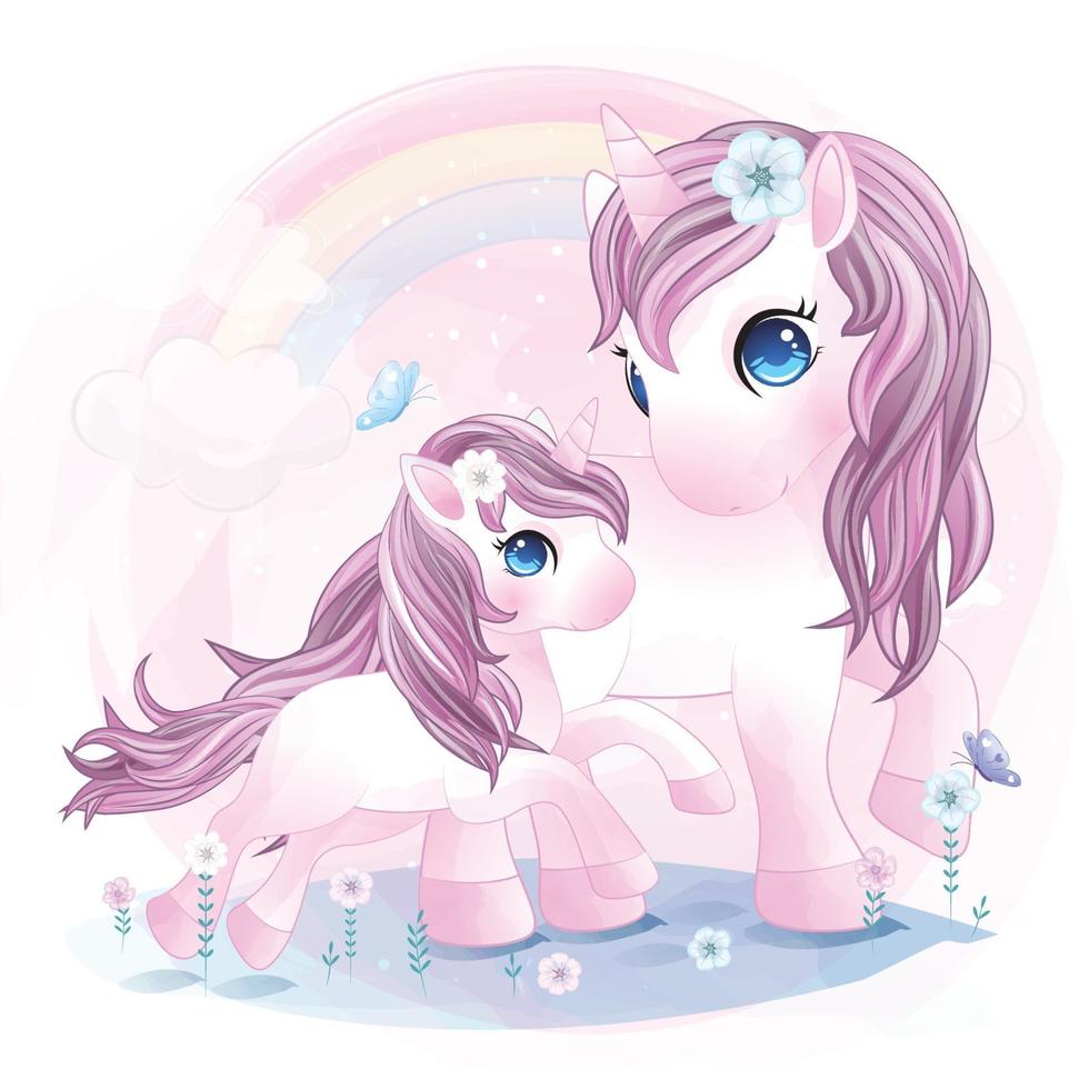 Cute unicorn mother and baby illustration vector