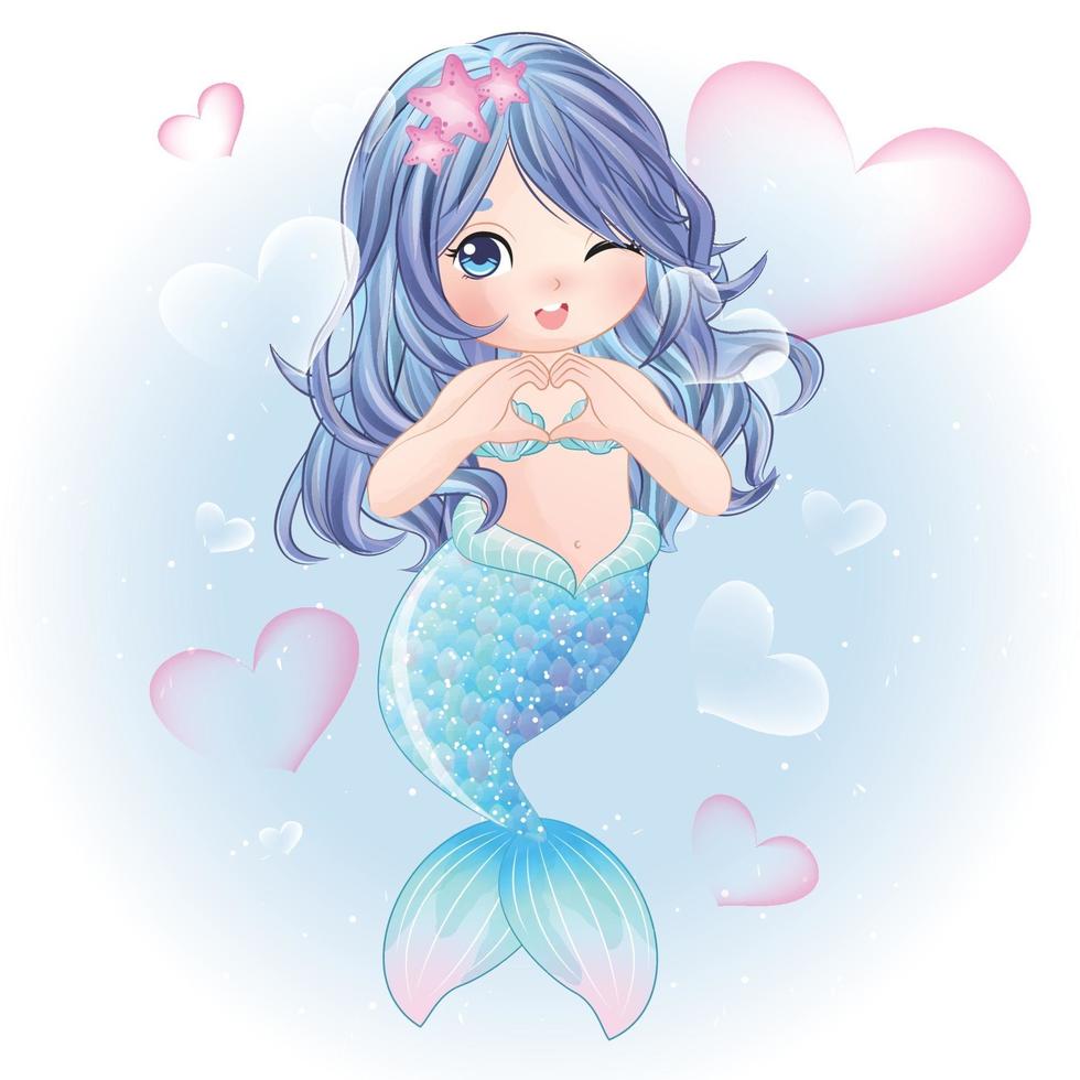 Cute mermaid with watercolor illustration vector