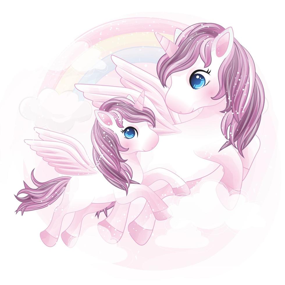 lindo unicornio madre y bebé ilustración vector