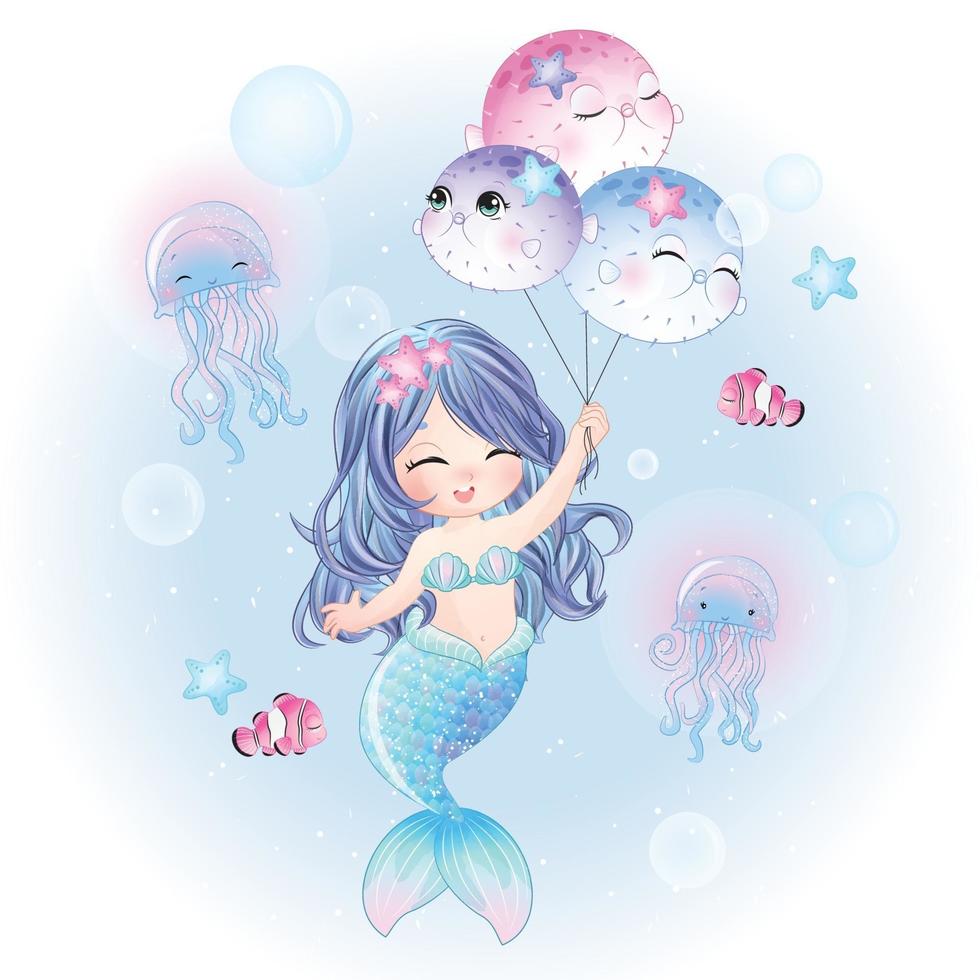 Cute mermaid with watercolor illustration vector