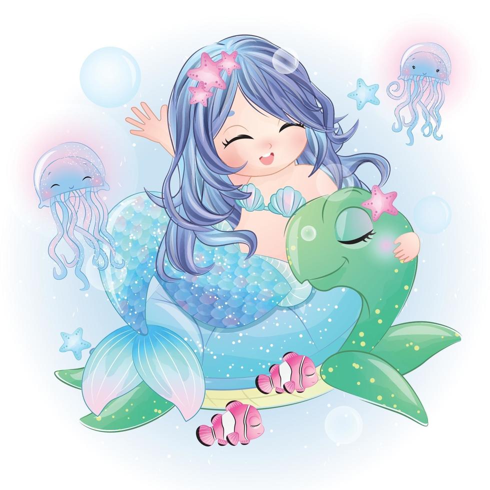 Cute mermaid with watercolor illustration vector