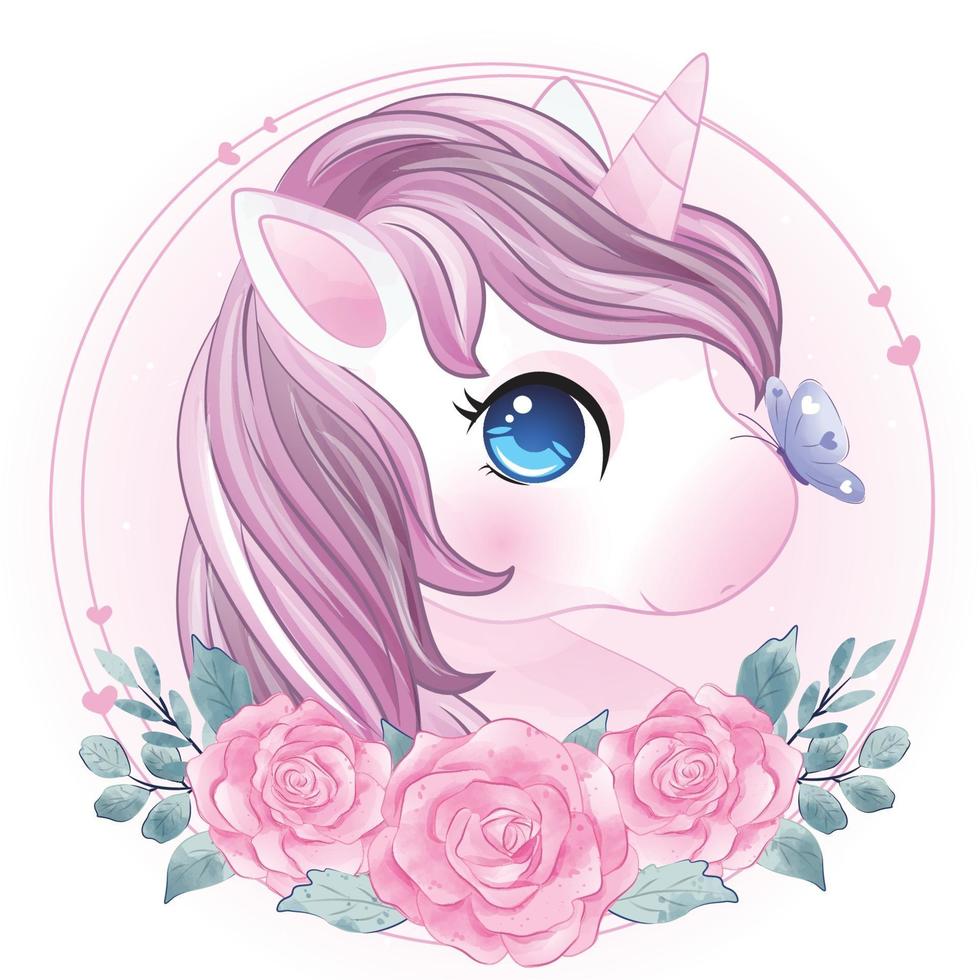 lindo unicornio con ilustración de acuarela vector