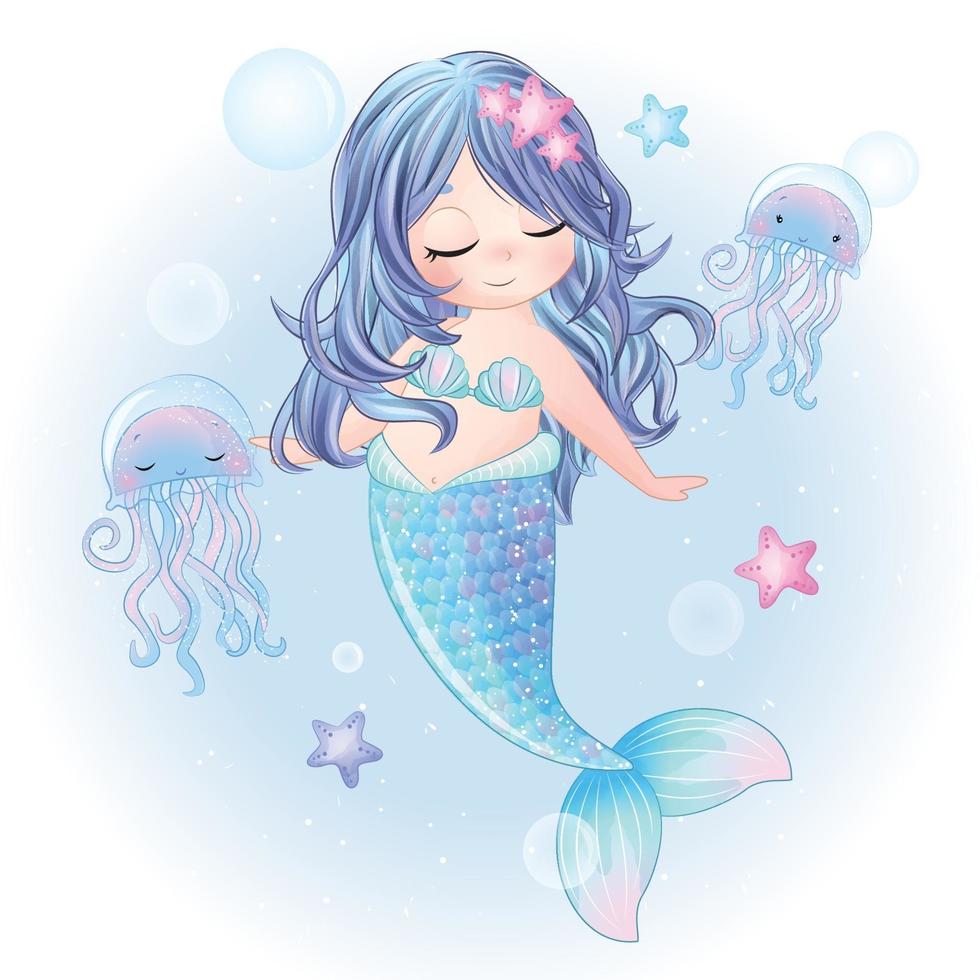 Cute mermaid with watercolor illustration vector