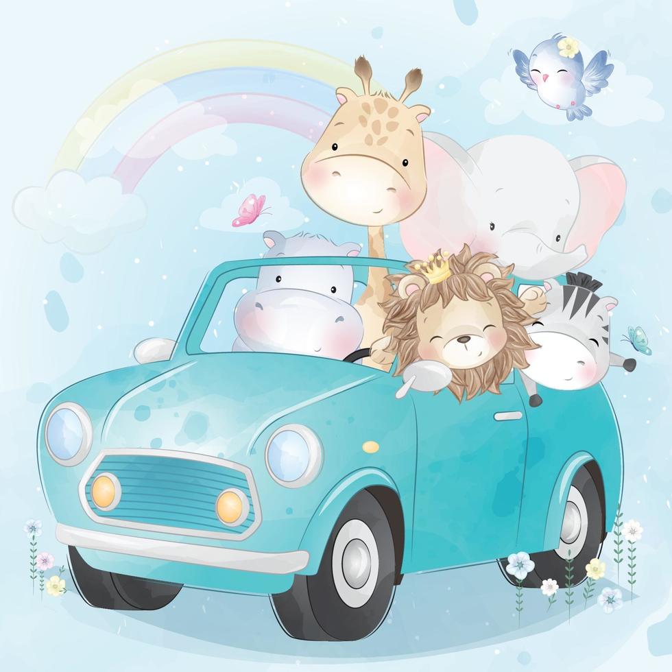 Cute animals driving a car illustration vector
