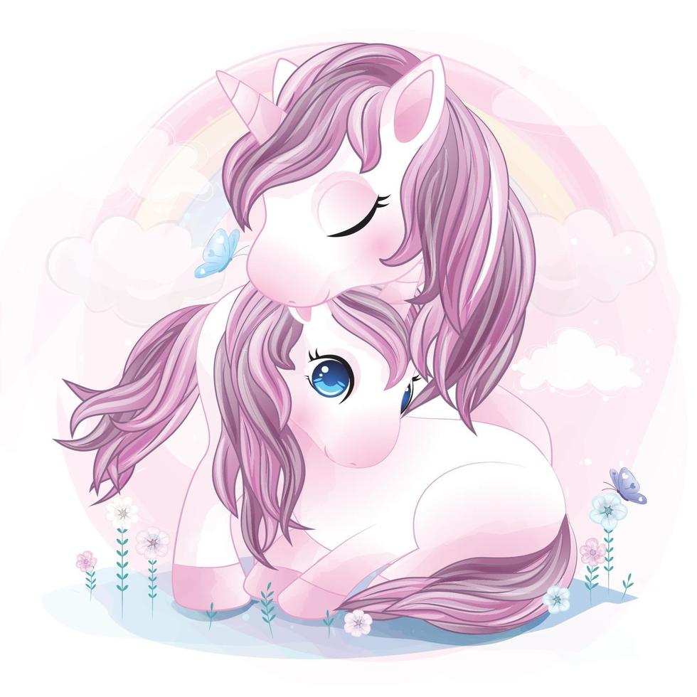Cute unicorn mother and baby illustration vector