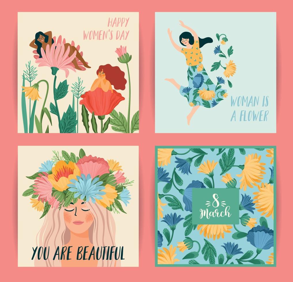 día Internacional de la Mujer. conjunto de ilustraciones vectoriales con mujeres lindas y flores vector