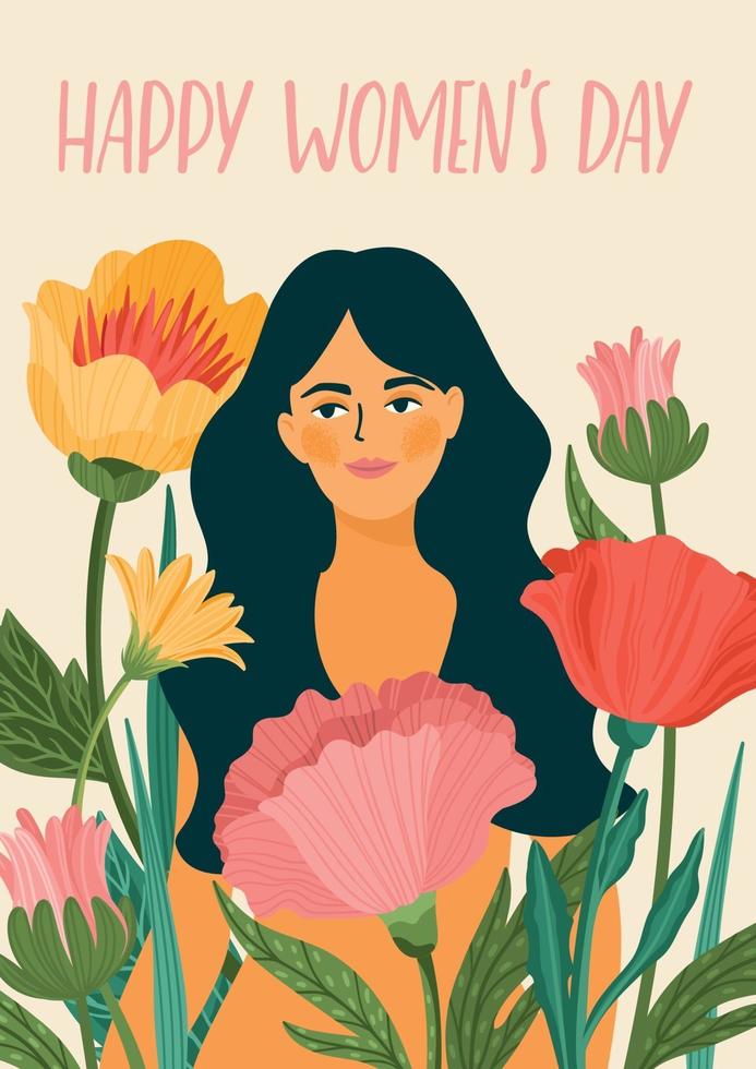 día Internacional de la Mujer. plantilla de vector con mujer y flores para tarjetas, carteles, folletos y otros usuarios