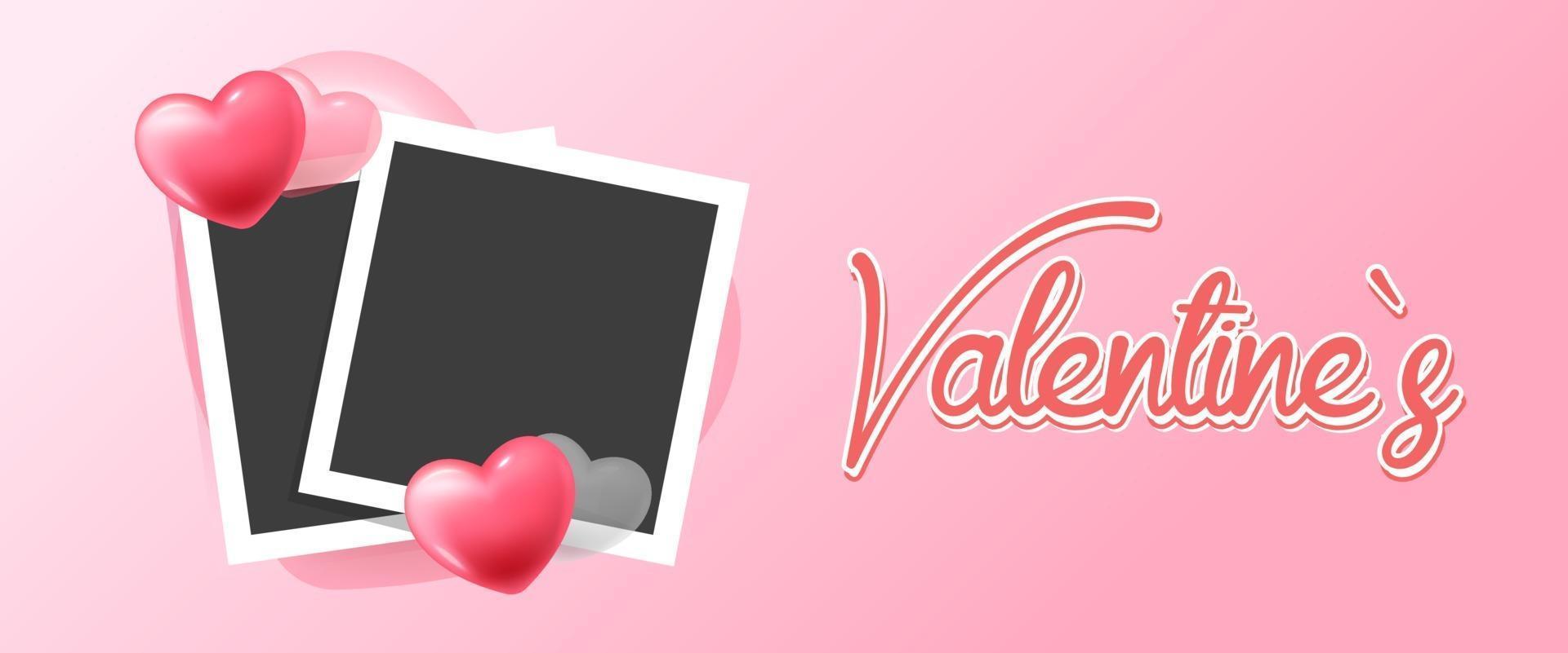 banner de feliz día de san valentín con corazones y marco de fotos vector