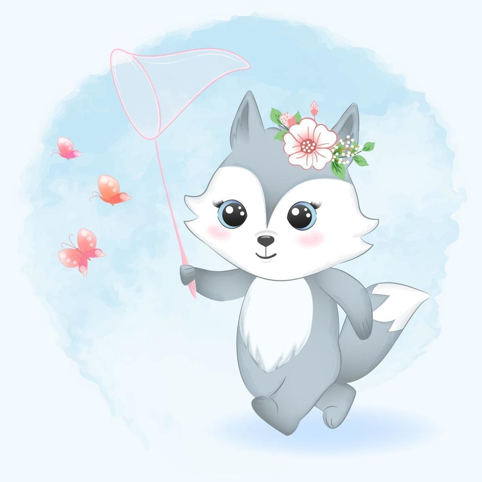Cute fox and catching butterflies with net vector