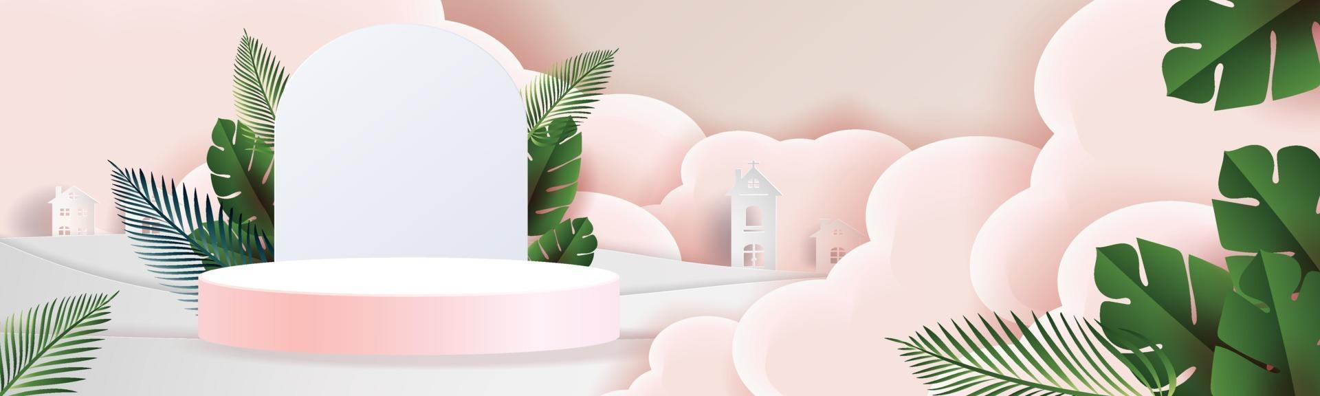 3D podiums and tropical leaves in the clouds vector