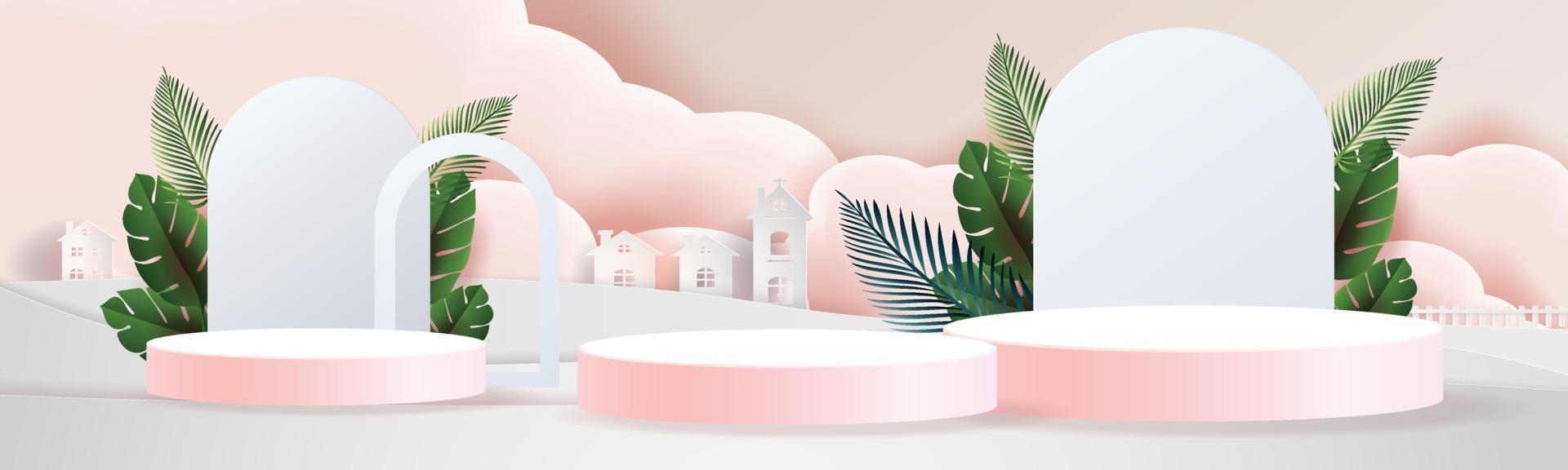 3D podiums and tropical leaves in the clouds vector