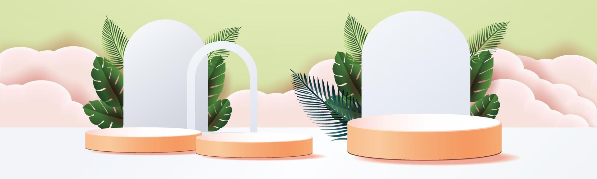3D podiums and tropical leaves in the clouds vector