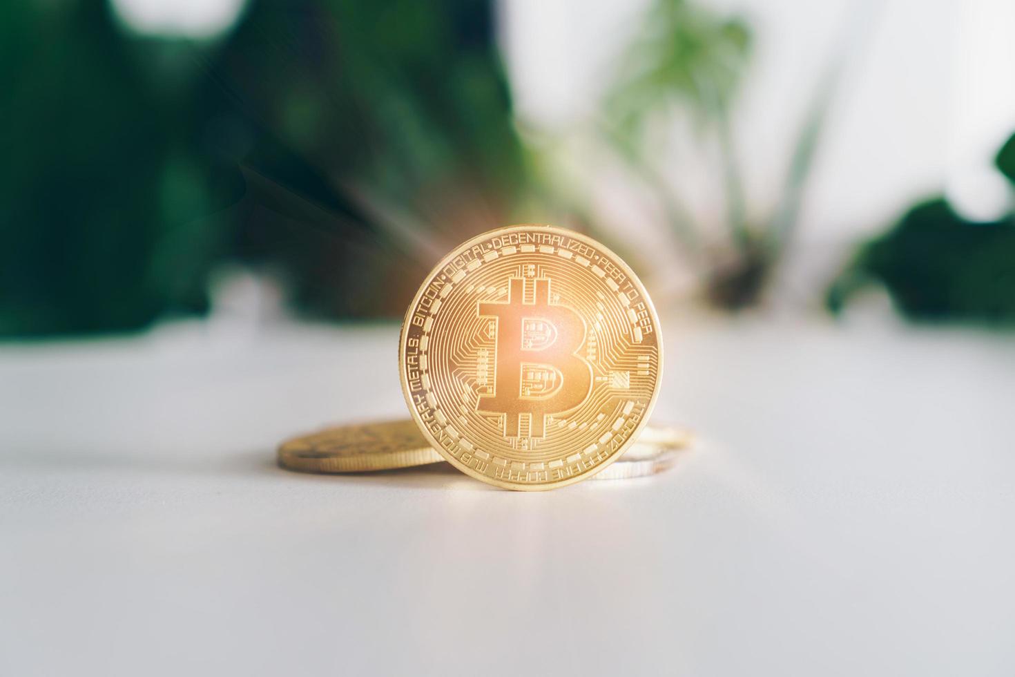 Symbol of Bitcoins as digital money cryptocurrency with nature background photo