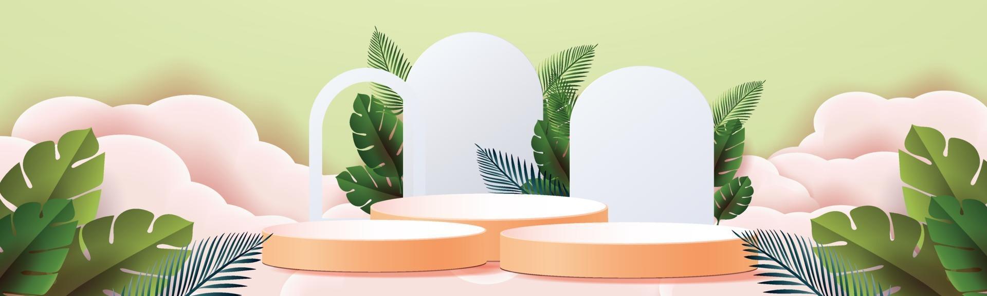 3D podiums and tropical leaves in the clouds vector