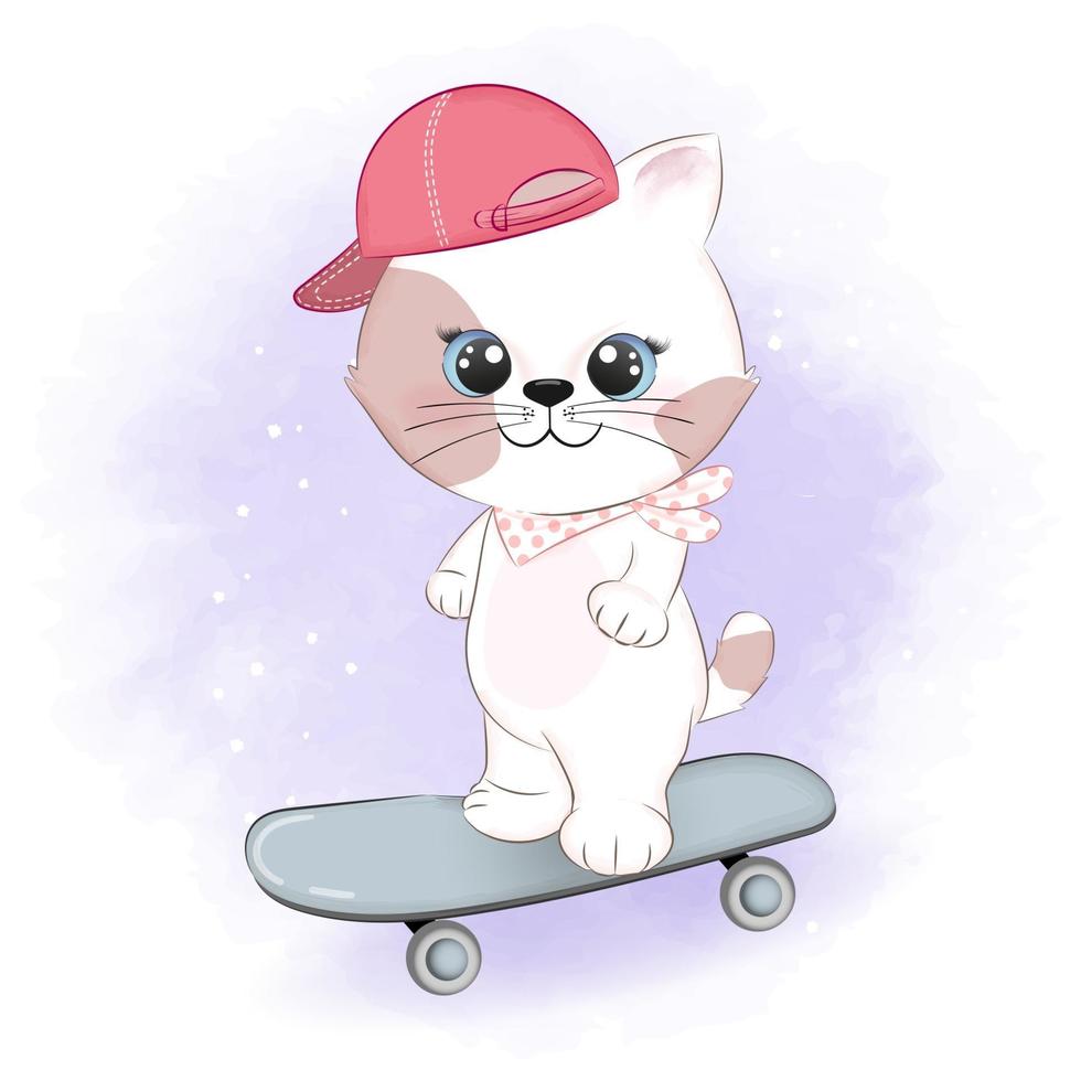 Cute cat playing skateboard cartoon illustration vector