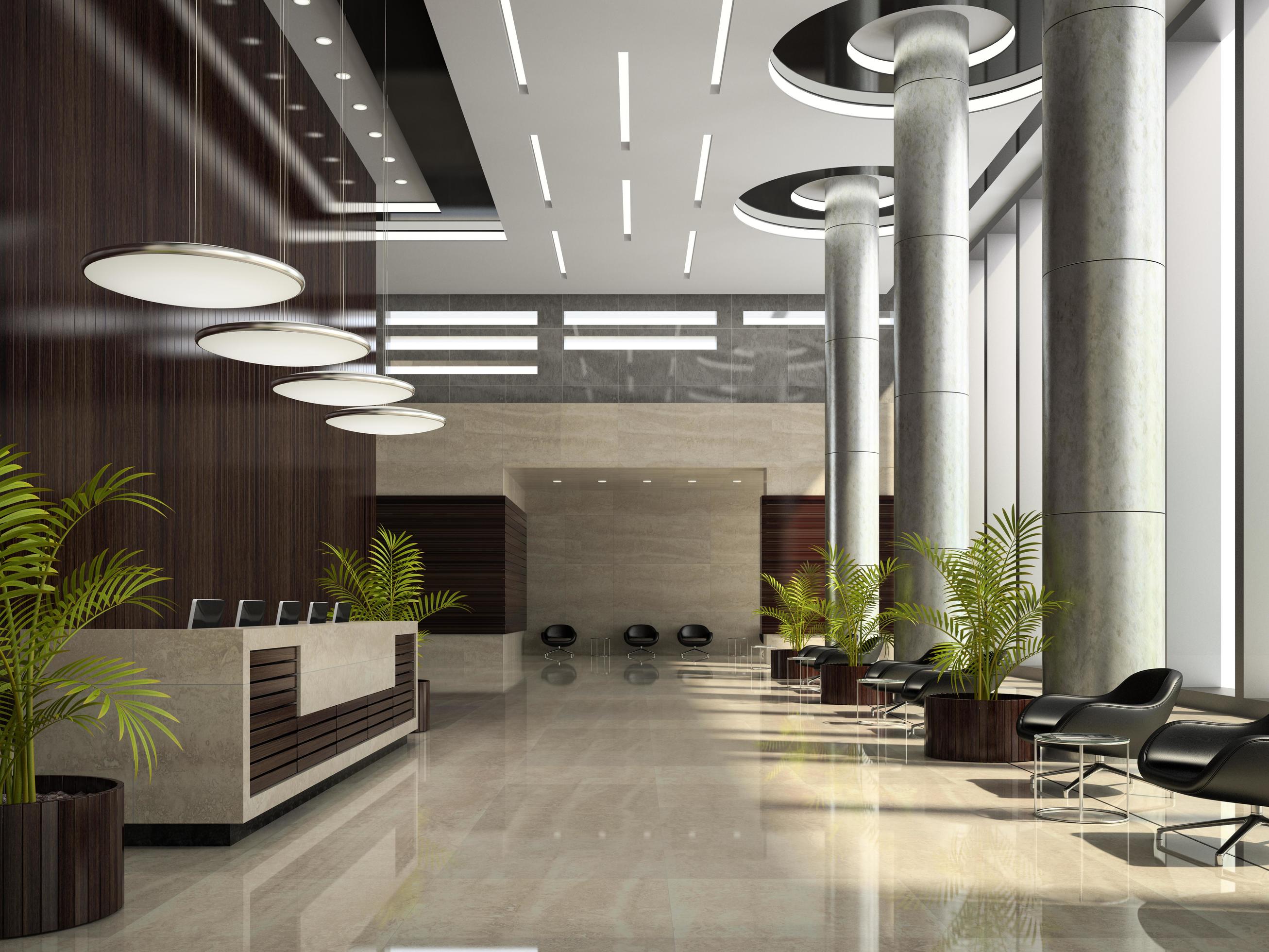 Interior of a hotel reception area in 3D illustration 2076280 Stock