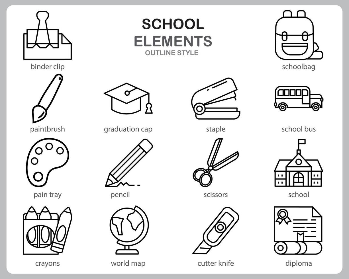 School icon set for website, document, poster design, printing, application. School concept icon outline style. vector