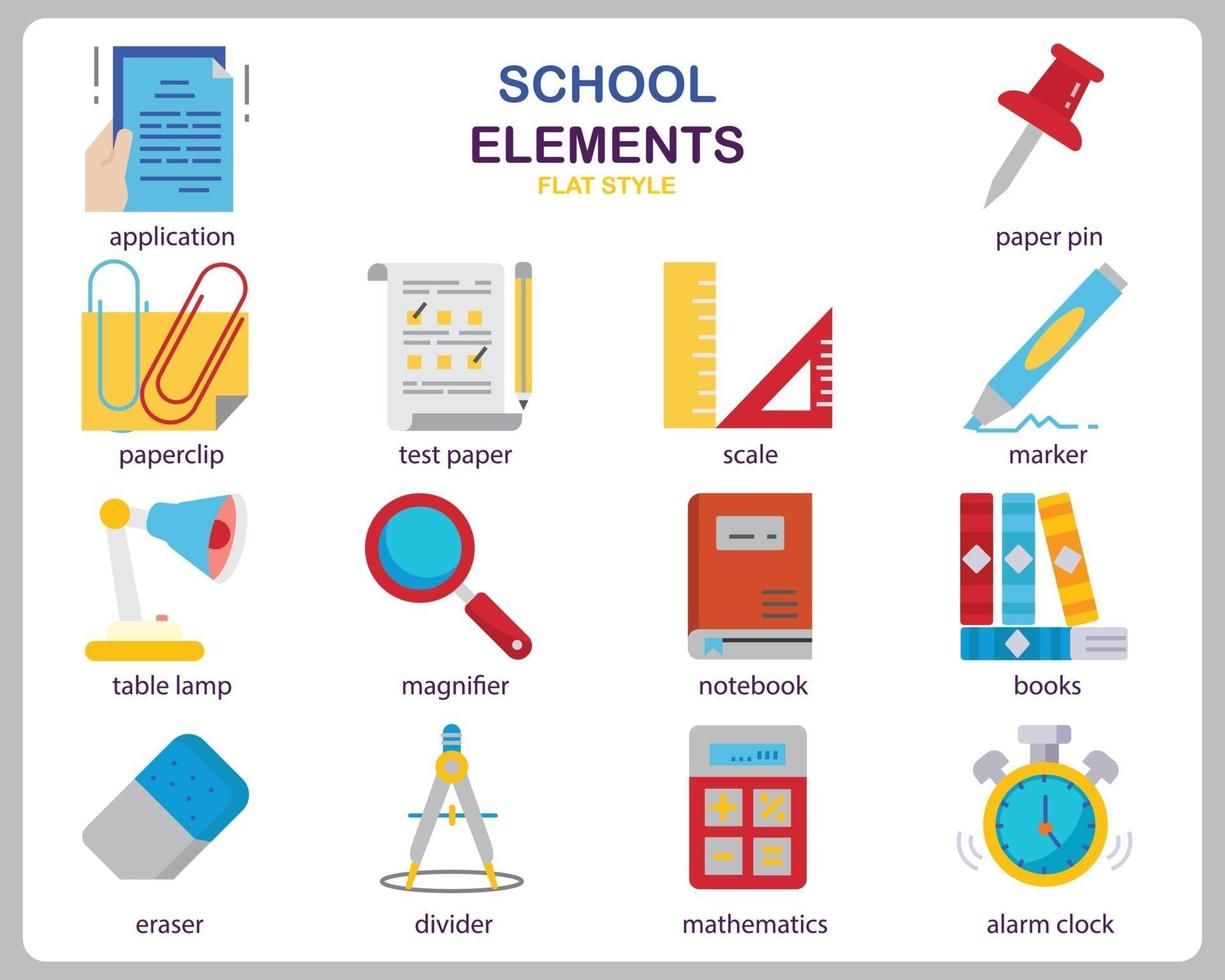 School icon set for website, document, poster design, printing, application. School concept icon flat style. vector