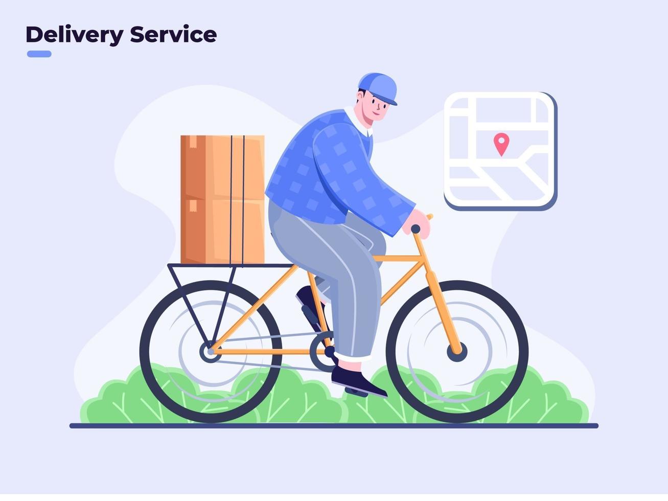 Ilustración plana de servicio de entrega con ciclo de bicicleta, servicio de mensajería en bicicleta para enviar paquete de paquete, servicio de entrega de alimentos, servicio de entrega moderno, envío de paquetes a clientes, caja de paquetería. vector