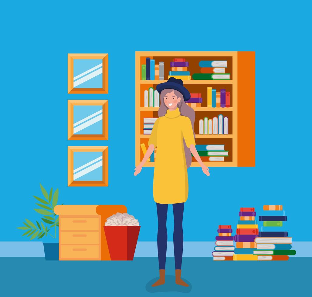 young woman with hat standing in the library vector