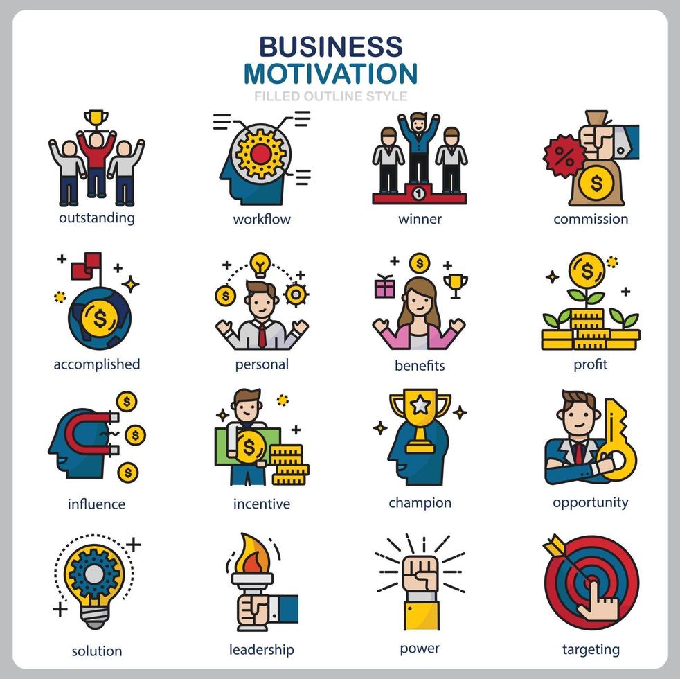 Business Motivation icon set for website, document, poster design, printing, application. Business Motivation concept icon filled outline style. vector