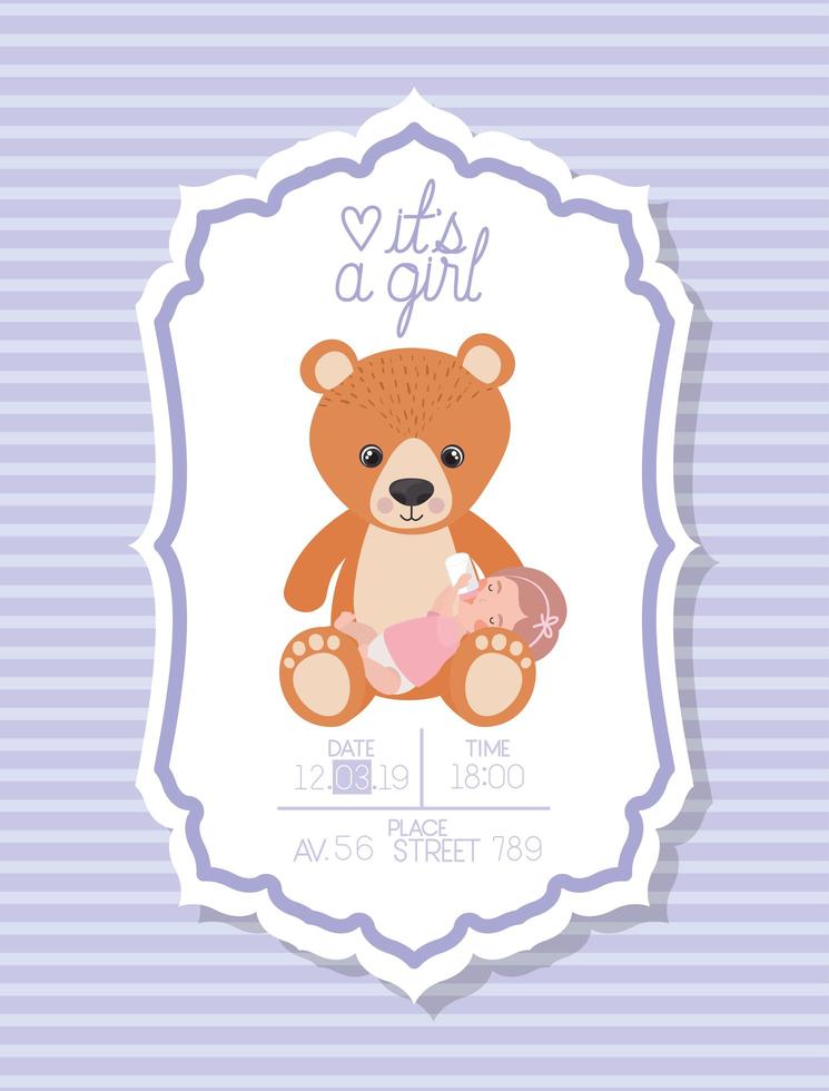 Es una tarjeta de baby shower para niña con niño y oso de peluche. vector