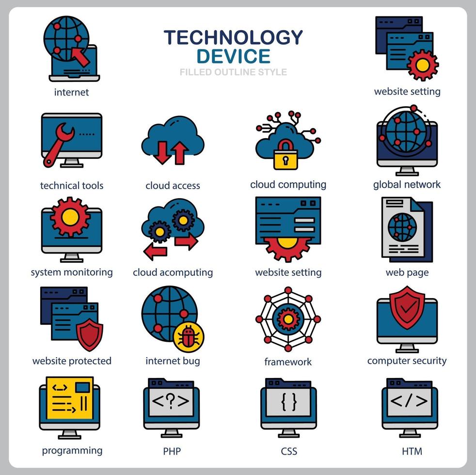 conjunto de iconos de tecnología para sitio web, documento, diseño de carteles, impresión, aplicación. icono de concepto de dispositivo de tecnología lleno de estilo de contorno. vector