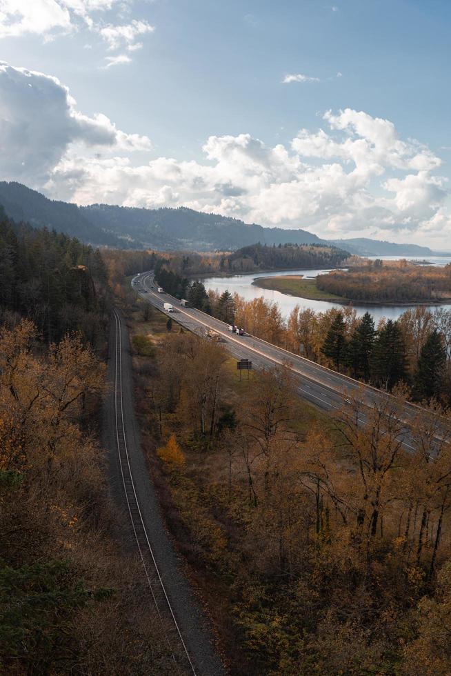 Aerial view of train tracks and interstate photo