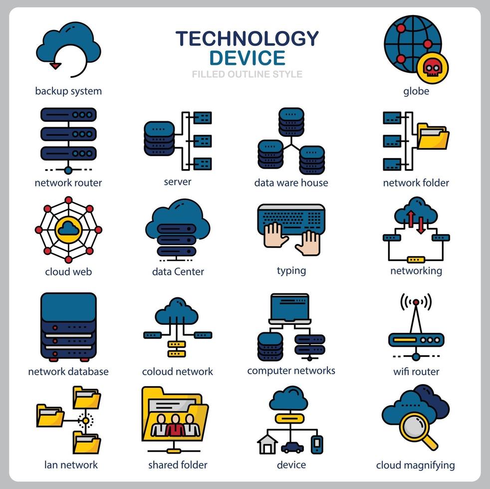 Technology icon set for website, document, poster design, printing, application. Technology Device concept icon filled outline style. vector