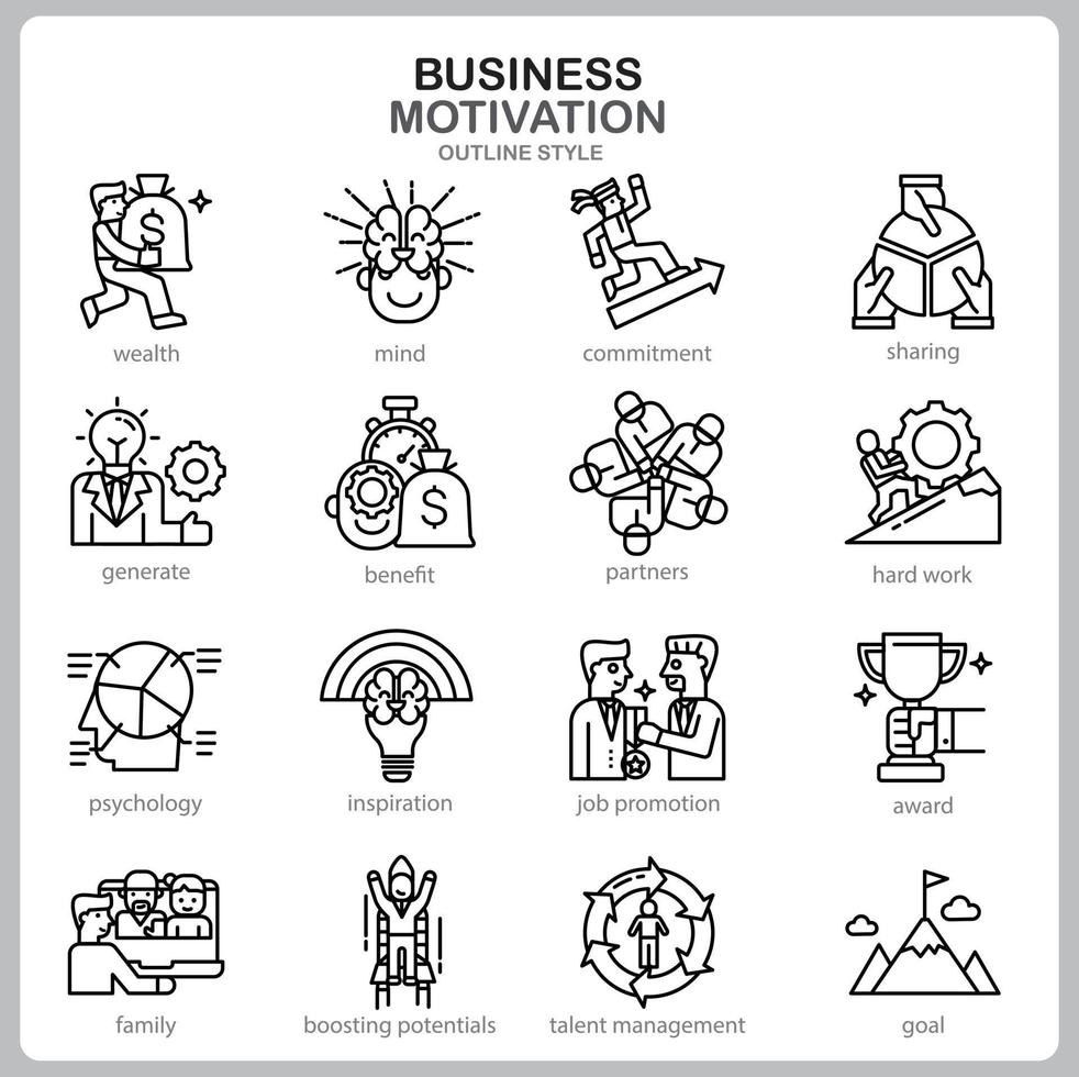 Business Motivation icon set for website, document, poster design, printing, application. Business Motivation concept icon outline style. vector