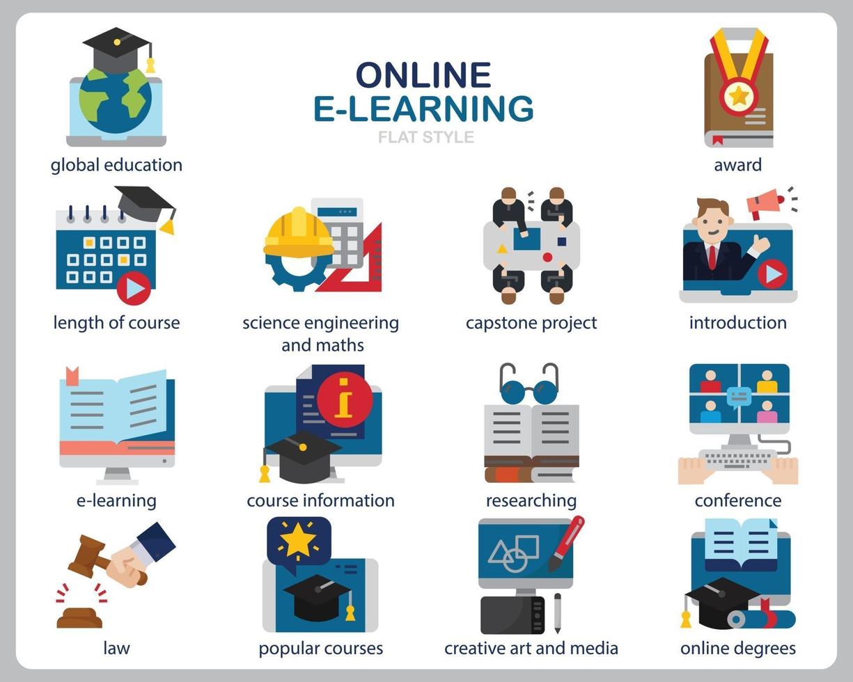 Online Learning icon set for website, document, poster design, printing, application. Online course concept icon flat style. vector