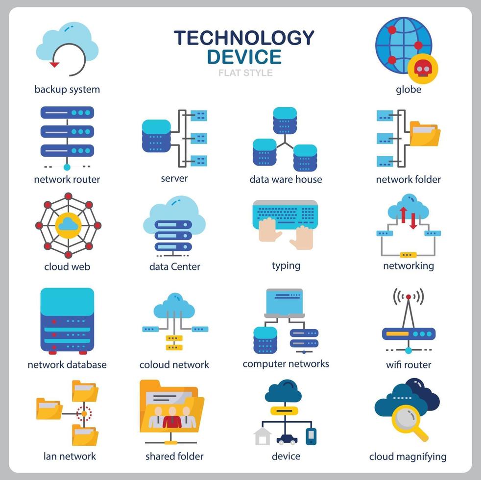 conjunto de iconos de tecnología para sitio web, documento, diseño de carteles, impresión, aplicación. icono de concepto de dispositivo de tecnología estilo plano. vector