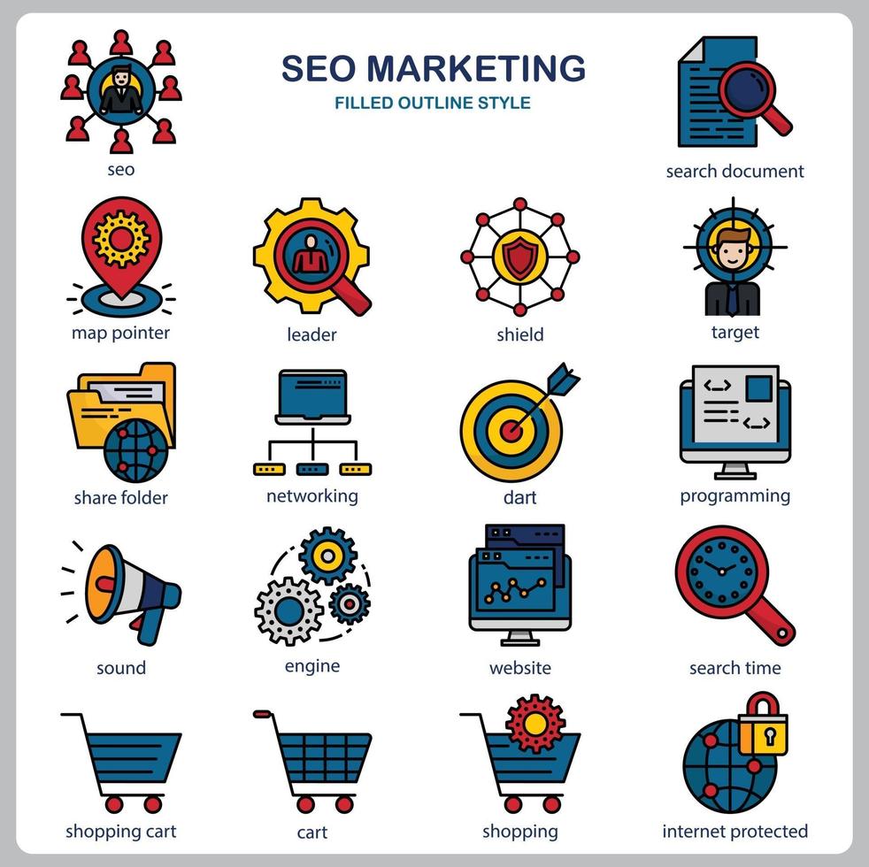 SEO Marketing icon set for website, document, poster design, printing, application. SEO Marketing concept icon filled outline style. vector