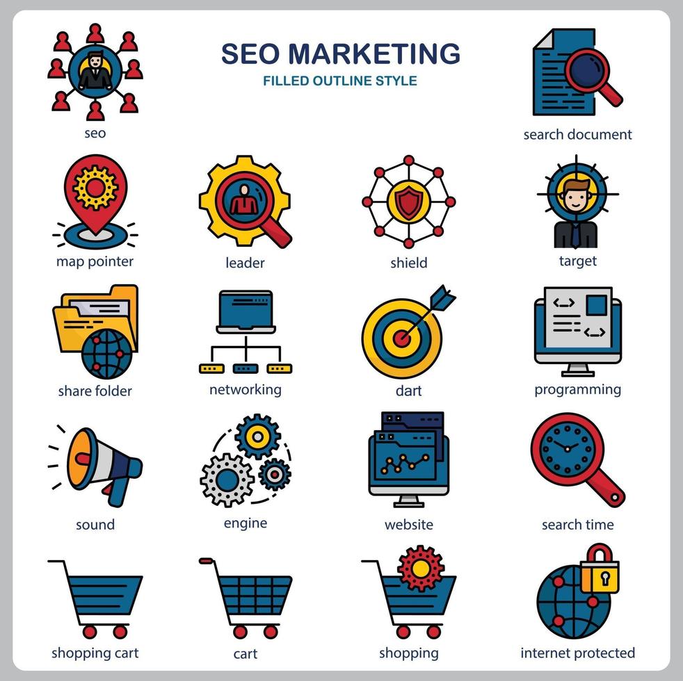 icono de marketing seo para sitio web, documento, diseño de carteles, impresión, aplicación. icono del concepto de marketing de seo lleno de estilo de contorno. vector