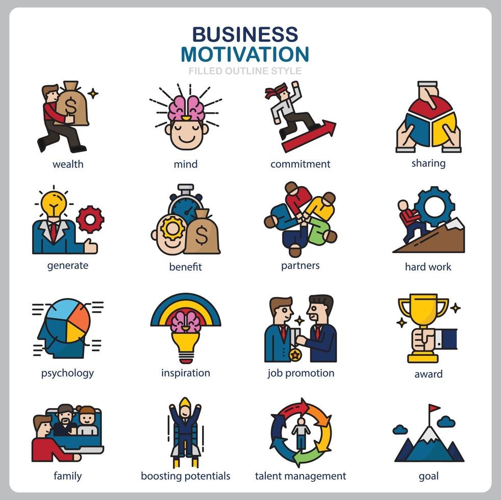 Business Motivation icon set for website, document, poster design, printing, application. Business Motivation concept icon filled outline style. vector