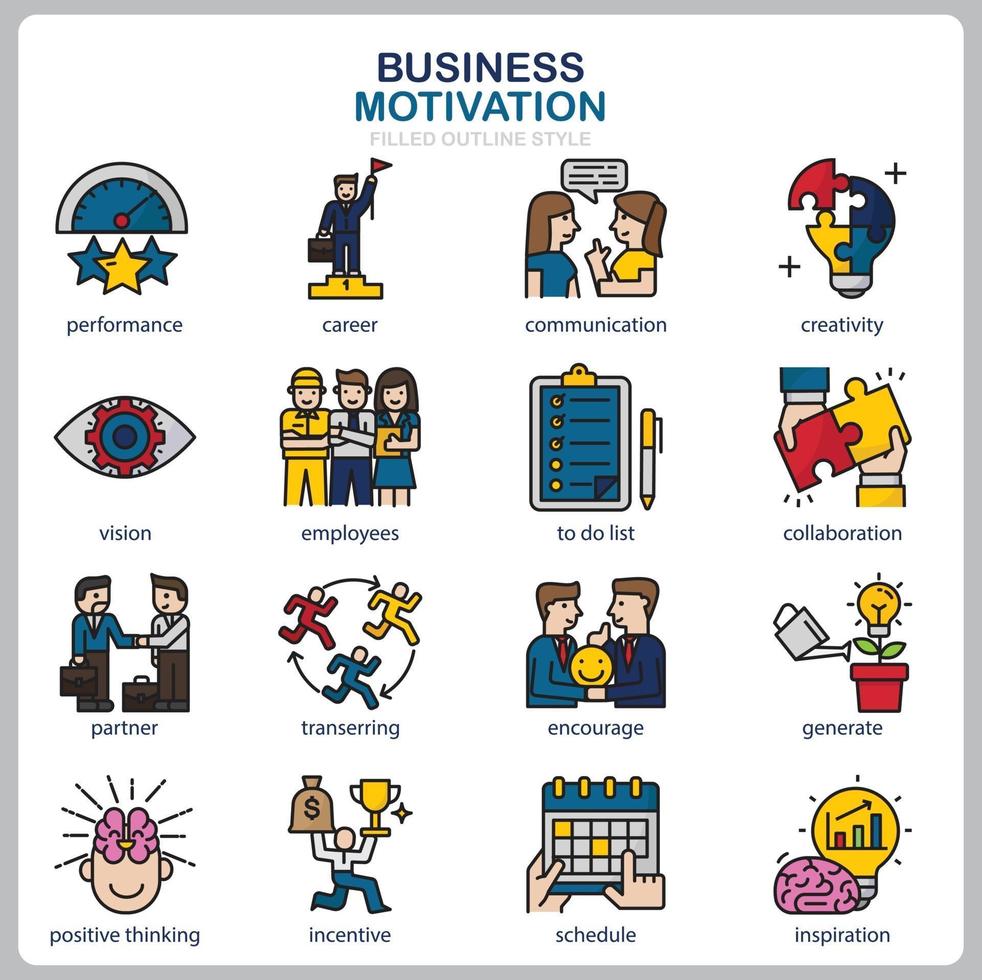 Business Motivation icon set for website, document, poster design, printing, application. Business Motivation concept icon filled outline style. vector