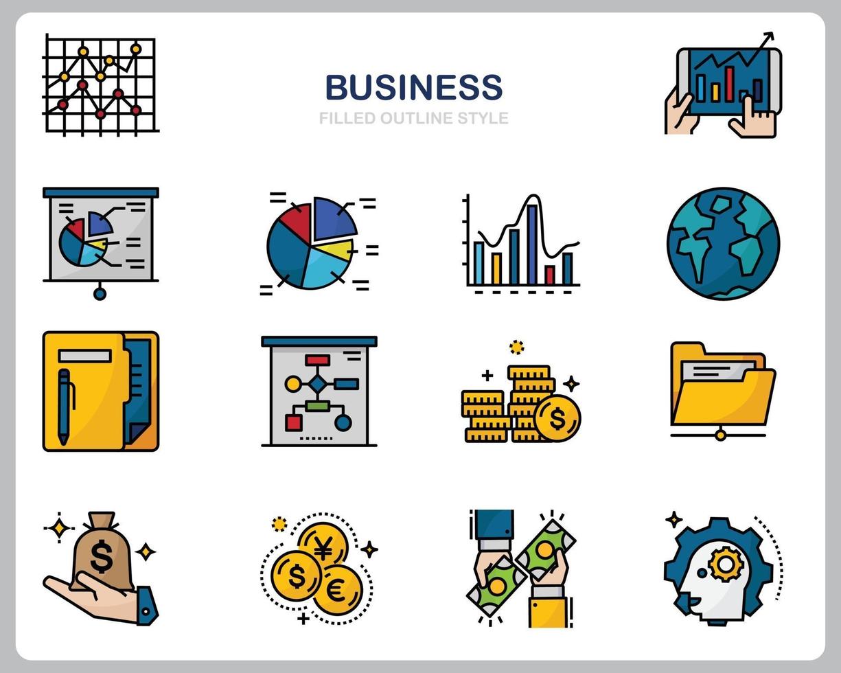 Business icon set for website, document, poster design, printing, application. Business concept icon filled outline style. vector