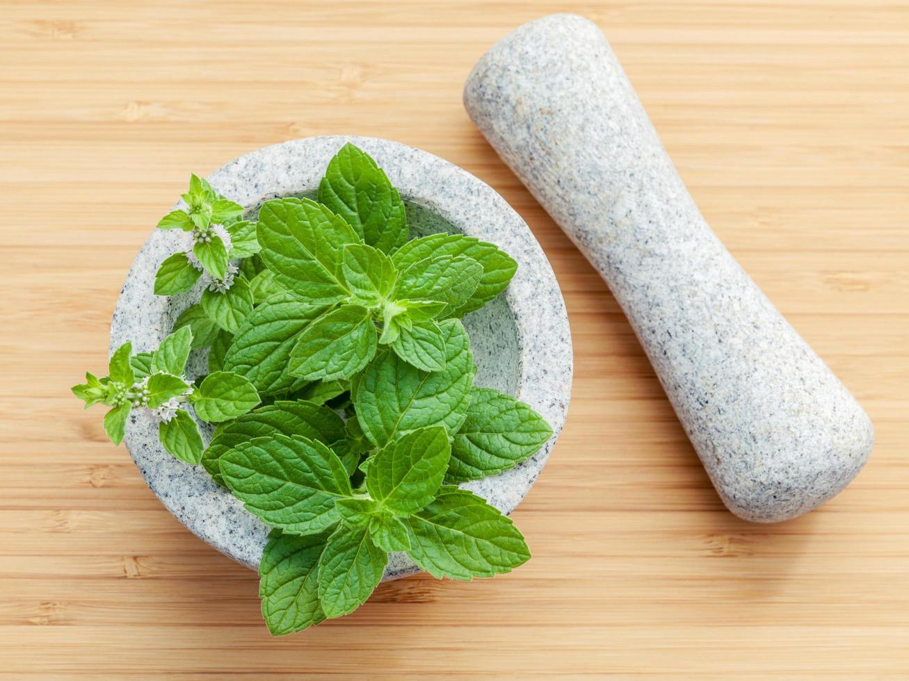 Top view of mint in a mortar photo