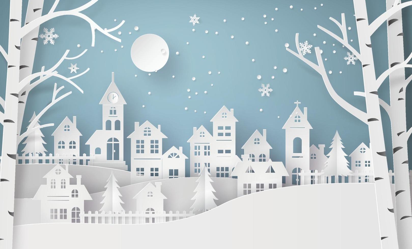 pueblo de campo de invierno con luna llena en estilo de corte de papel vector
