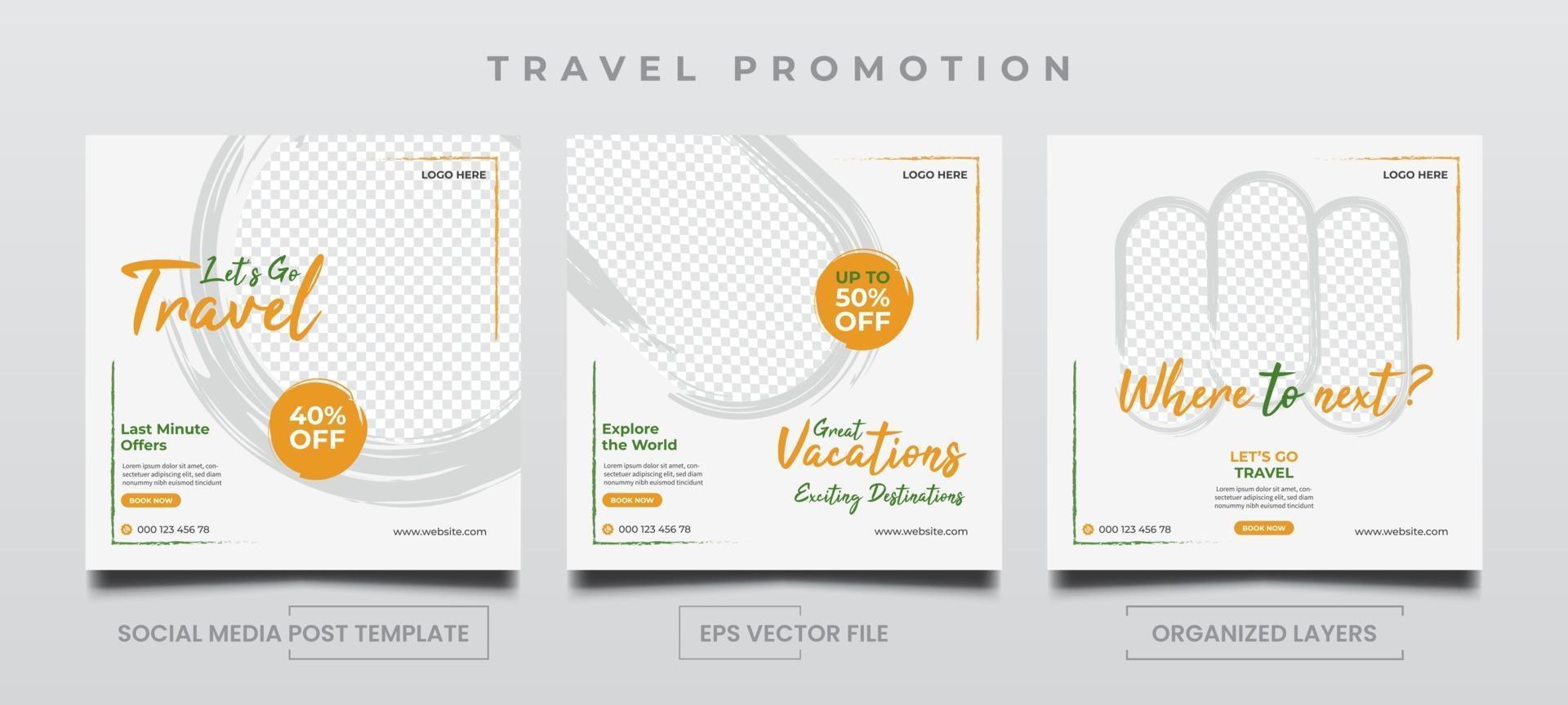 Plantillas de promoción de viajes para anuncios de publicaciones en redes sociales. vector