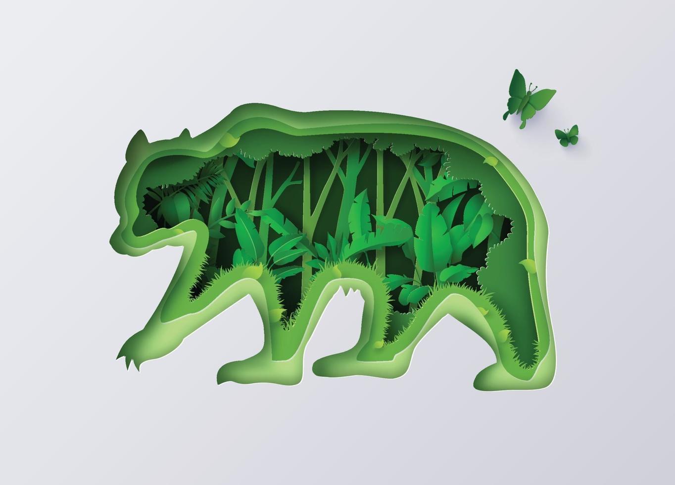 silueta de oso llena de árboles y plantas forestales vector